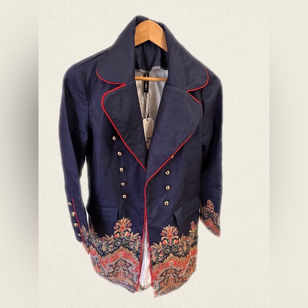 NORACORA British Military Inspired Coat with Floral Detail Women Size Small Blue